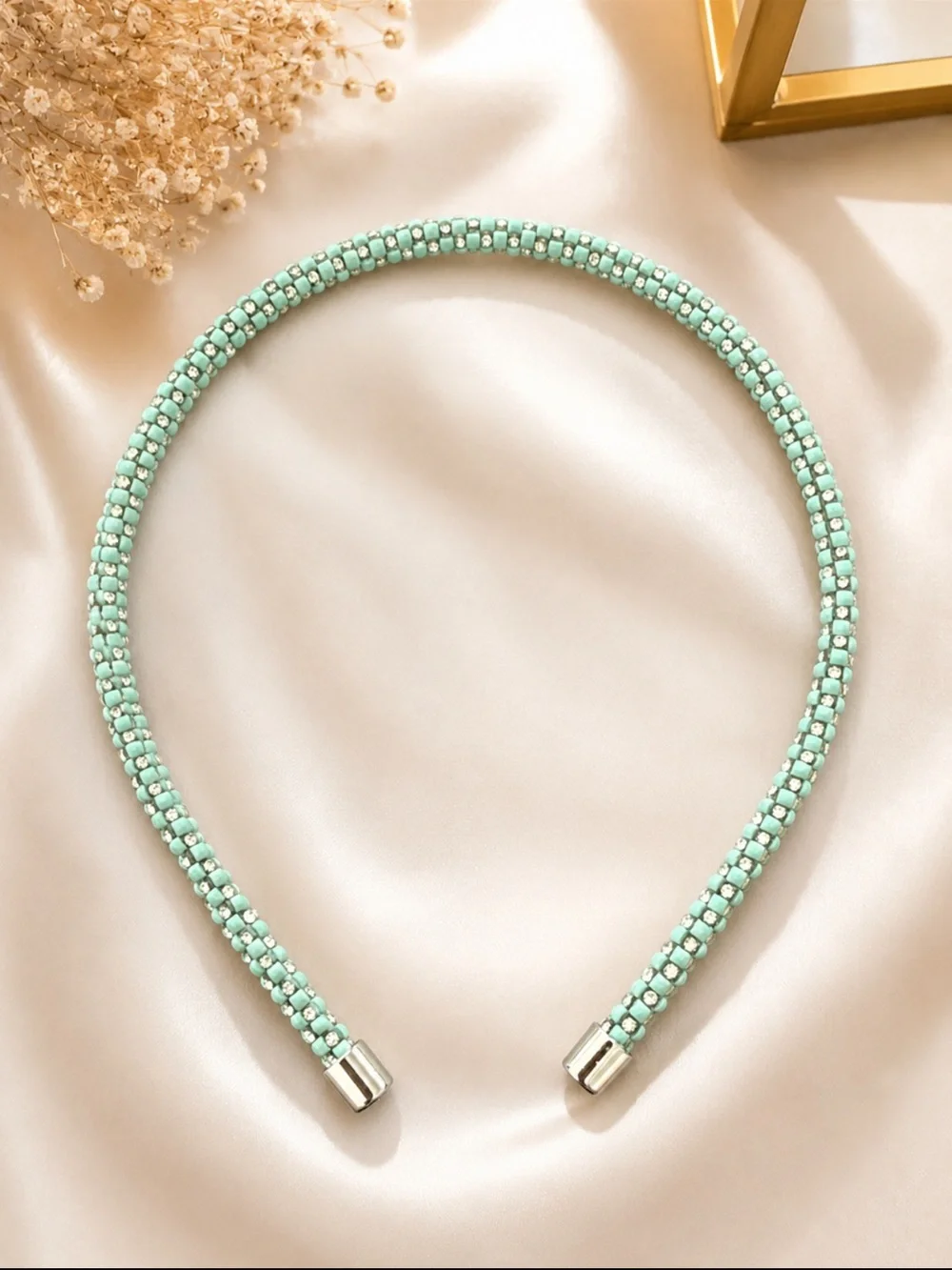Beaded Baby Blue Headband with Silver Caps